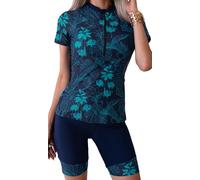 Women’s Rush Guard Swimsuit Short Sleeve Two Piece Surfing Suit UPF 50+ Rashguard Shirt Swimsuit Floral Prited Bathing Shirt Top with Boyshorts for Summer Beach Navy Blue L