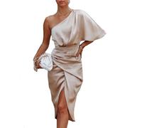 Women’s Satin Dress One Shoulder Flutter Short Sleeve Ruched Bodycon Wrap Cocktail Wedding Guest Dresses, Gold, L