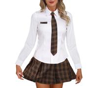Women’s Schoolgirl Costume Roleplay Set Sexy Student Costumes Mini Tartan Skirt Long Sleeves Shirt Cosplay Skirt Sets (Brown)