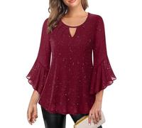 Women’s Sequin and Sparkly Tshirts Flared 3/4 Sleeve Top Party Glittering Gold Hot Stamping Tee Shirt Loose Tunic Blouse Ladies Mesh Pullover Double Layer Evening Wear