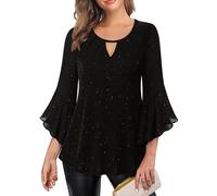 Women’s Sequin and Sparkly Tshirts Flared 3/4 Sleeve Top Party Glittering Gold Hot Stamping Tee Shirt Loose Tunic Blouse Ladies Mesh Pullover Double Layer Evening Wear