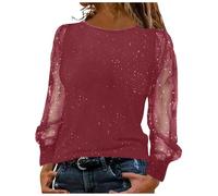 Women’s Sequin Top Crew Neck Sparkly Sequin Shirts Mesh Sleeveless Tunic Top Blouses for Women Shining Sparkling Long Sleeve Sequin T Shirt Crew Neck Casual Party Club Outing Shirts (XL) Wine