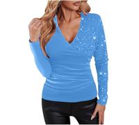 Women’s Sequin Tops Sparkle Velvet Party Top V-Neck Ruched Warp Top Glitter Sparkly Blouse Long Sleeve Tunics Festival Holiday Evening Tops for Christmas Evening Disco Concert Blue