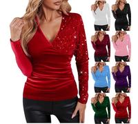 Women’s Sequin Tops Sparkle Velvet Party Top V-Neck Ruched Warp Top Glitter Sparkly Blouse Long Sleeve Tunics Festival Holiday Evening Tops for Christmas Evening Disco Concert Red