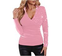 Women’s Sequin Tops Sparkle Velvet Party Top V-Neck Ruched Warp Top Glitter Sparkly Blouse Long Sleeve Tunics Festival Holiday Evening Tops for Christmas Evening Disco Concert Pink