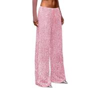 Women’s Sequin Wide Leg Palazzo Trousers High Waist Sparkly Party Pants with Elasticated Drawstring Waist, Glitter Trousers for Evening, Cocktail & Club Wear Pink