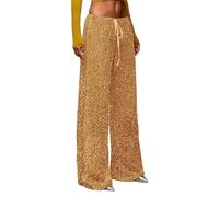 Women’s Sequin Wide Leg Palazzo Trousers High Waist Sparkly Party Pants with Elasticated Drawstring Waist, Glitter Trousers for Evening, Cocktail & Club Wear Gold