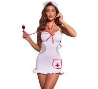 Women’s Sexy Nurse Costume Naughty Cosplay Lingerie Strappy Outfits Fancy Dress Uniform Role Play Exotic Bodysuit Set with G-String Headpiece & Stockings Adult Babydoll Sleepwear Minidress Party