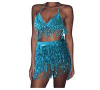 Women´S Sexy Rave Fringe Belly Tassel Mini Skirt Dance And Sequins Slim Fit Fitness Bra Crop Top Party Club Costume Carnival Outfits 2Pcs Belly Dancer Outfit Music Festival Halloween Carnival Costume