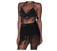 Women´S Sexy Rave Fringe Belly Tassel Mini Skirt Dance And Sequins Slim Fit Fitness Bra Crop Top Party Club Costume Carnival Outfits 2Pcs Belly Dancer Outfit Music Festival Halloween Carnival Costume