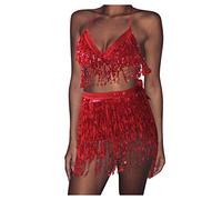 Women´S Sexy Rave Fringe Belly Tassel Mini Skirt Dance And Sequins Slim Fit Fitness Bra Crop Top Party Club Costume Carnival Outfits 2Pcs Belly Dancer Outfit Music Festival Halloween Carnival Costume