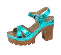 Women’s Shiny Fish Mouth Peep Toe Chunky Heel Sandals, Platform Block Heel with Ankle Strap & Hollow Details, Elegant Dressy Footwear for Summer Parties & Wedding Occasions(Sky Blue, 6)