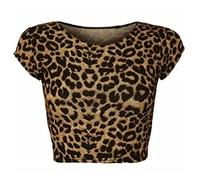 Women’s Short Cap Sleeve Crop Top Ladies Round Neck Cropped Vest T-Shirt Short Mini Shirt Plain Printed Tops Brown Leopard-8-10