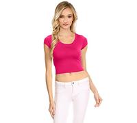 Women’s Short Cap Sleeve Crop Top Ladies Round Neck Cropped Vest T-Shirt Short Mini Shirt Plain Printed Tops Cerise-8-10