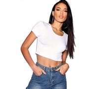 Women’s Short Cap Sleeve Crop Top Ladies Round Neck Cropped Vest T-Shirt Short Mini Shirt Plain Printed Tops White-12-14