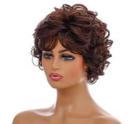 Women‘s Short Curly Pixie Cut Wigs Curly Wavy Wigs with Bangs Fashion Natural Looking Hair Heat Resistant Synthetic for Daily Party (Dark Brown 11in)
