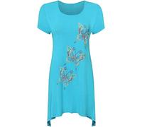 Women’s Short Sleeve Butterfly Sequin Studded Dip Hem Shirt Ladies Scoop Neck Butterfly Print with Colorful Diamantes Summer Fashion Plus Size Tee Hanky Hem Top Turquoise UK 20