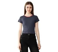 Women’s Short Sleeve Contrast Neckline T-Shirt Basic Rib-Knit Crew Neck Top Slim Fit Business Work Tee (LY185-Navy, S-M)