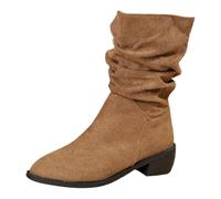 Women‘s Sidestep Wide Calf Boots Pointed Toe Mid Calf Pull-on Cowl Ankle Booties with Low Chunky Heel Fashionable Western Cowboy Themed Party Ourdoor Traveling Versatile Shoes Brown