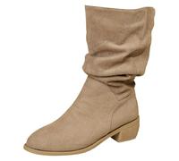 Women‘s Sidestep Wide Calf Boots Pointed Toe Mid Calf Pull-on Cowl Ankle Booties with Low Chunky Heel Fashionable Western Cowboy Themed Party Ourdoor Traveling Versatile Shoes Khaki