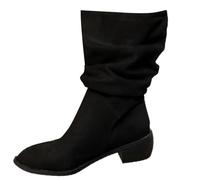 Women‘s Sidestep Wide Calf Boots Pointed Toe Mid Calf Pull-on Cowl Ankle Booties with Low Chunky Heel Fashionable Western Cowboy Themed Party Ourdoor Traveling Versatile Shoes Black
