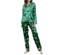 Women‘s Silk Christmas Print Pyjamas Sets Satin Red/Green Long Sleeve Shirt + Long Pants Sleepwear Loungewear for Xmas Home (Green-5, S)