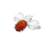 Women’s Silver Brooch, Bee with Amber, Polished Sterling Silver, Natural Baltic Amber in Cognac Colour