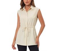 Women’s Sleeveless Blouse Classic Basic Tank Tops Button Up Chiffon Shirts with Waist Drawstring Polo T-Shirts Apricot M