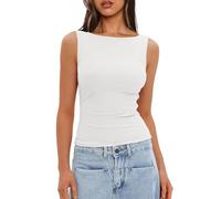 Women’s Sleeveless Boat Neck Tank Top Fitted Stretchy Basic Solid Shirt Soft Lightweight Casual Wear White