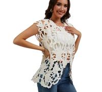 Women’s Sleeveless Knit Sweater Vest Flower Button Down V Neck Hollow Out Checkered Crochet Cardigan Crop Tank Top, Beige, One size