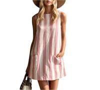Women’s Sleeveless Round Neck Mini Dress with Vertical Stripe Print Cotton Linen Retro Style Casual Fit