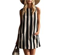 Women’s Sleeveless Round Neck Mini Dress with Vertical Stripe Print Cotton Linen Retro Style Casual Fit