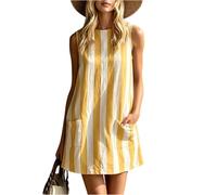 Women’s Sleeveless Round Neck Mini Dress with Vertical Stripe Print Cotton Linen Retro Style Casual Fit