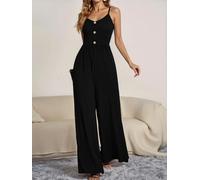 Women’s Sleeveless Spaghetti Strap Jumpsuit Button Front Elastic Waist Wide Leg Romper One Piece Outfit For Casual Daily Wear