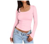 Women’s Slim Tops Long Sleeve Round Neck Crop Top Tee Shirt Basic Solid Tight Slim Fit Cropped Shirt Workout Yoga Long Sleeve Shirts Crop Tops Basic Slim Fit Shirts 3X Christmas Shirts for Women Pink