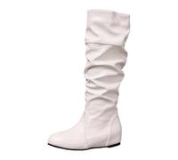 Women’s Slouch Thigh High Boots with Pointed Toe and Low Heel | Long gathered shafts extend above the knee, while glossy PU, pointed toes and low heels shape the tall silhouette