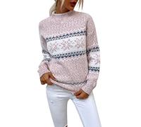 Women’s Snowflake Christmas Sweater Casual Long Sleeve Knitted Pullover Crewneck Sweaters Loose Jumper Tops A-Pink