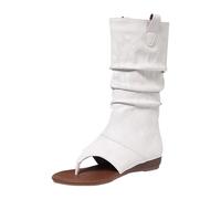 Women’S Soft Adjustable Sandals Retro Women's Casual Boots Western Wedge Heel Mid Calf Boots Round Toe Cowboy Wedge Heel Women's Mid Calf Sandals Women’S Soft Adjustable (White, 4)