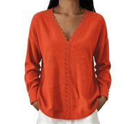 Women’s Solid Sweater Lace Trim V-Neck Knit Ribbed Pullover Top | Relaxed Cut Elegant Jumper Scalloped Drop Shoulder Long Sleeves Button Cuff and Vertical Rib Knit Texture