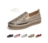 Women’s Sparkly Glitter Platform Loafers, Women's Platform Rhinestones Glitter Fashion Sneakers Comfortable Slip on Flat Loafers Walking Wedding Dress Shoes (Gold,6.5)