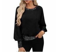 Women’s Sparkly Sequin Tops Cuffed Sleeve Crew Neck Solid Color Glitter Shirts Plus Size Ladies Sparkly Evening Party Loose Fit Blouses Black