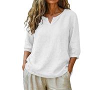 Women’s Split V-Neck Cotton Linen Blend Blouse with 3/4 Puffed Sleeves, Lightweight Crinkled Woven Fabric, Loose Fit Casual Top for Everyday Wear, Summer Outings, Office Casual