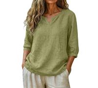 Women’s Split V-Neck Cotton Linen Blend Blouse with 3/4 Puffed Sleeves, Lightweight Crinkled Woven Fabric, Loose Fit Casual Top for Everyday Wear, Summer Outings, Office Casual