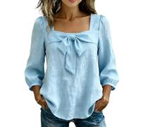 Women’s Square Neck Blouse with Front Statement Bow Detail Three Quarter Puff Sleeve Casual Top Lightweight Textured Fabric Relaxed Fit Shirt Cute Feminine Versatile Tee (Light Blue, XXL)