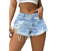 Women’s Star Print Denim Shorts Fringe Ripped Cut Off Jean Shorts for Casual Summer Fashion, Light Blue, S