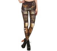 Women’s Steampunk Print Leggings High Waist Stretchy Pants with Mechanical Pattern for Casual and Costume Wear Brown M