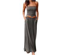 Women’s Strapless Bandeau Summer Long Floral Dress Off Shoulder Beach Maxi Dress with Pockets&Belts Dresses for Women UK Clearance Casual Solid Strapless Ladies Long Maxi Dress Long Dress Gray