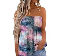 Women’S Strapless Bandeau Tank Top Bralette Pleated Ladies Blouse Foral Print Sleeveless Tunic Ruffle Hem Swing Summer Sexy Fashion Modern Tee Shirt Strapless Tank Top Comfortable Dry Fit Tunic