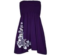 Women’s Strapless Printed Bandeau Top Sheering Ruched Boob Tube Vest Sleeveless Gathered Mini Dress Summer Beachwear - Purple - UK 24-26