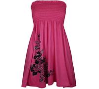 Women’s Strapless Printed Bandeau Top Sheering Ruched Boob Tube Vest Sleeveless Gathered Mini Dress Summer Beachwear - Fuchsia - UK 16-18